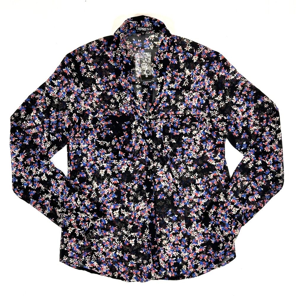 Express Womens XS Floral Chiffon Long Sleeve Button Down Shirt Black Blue Pink